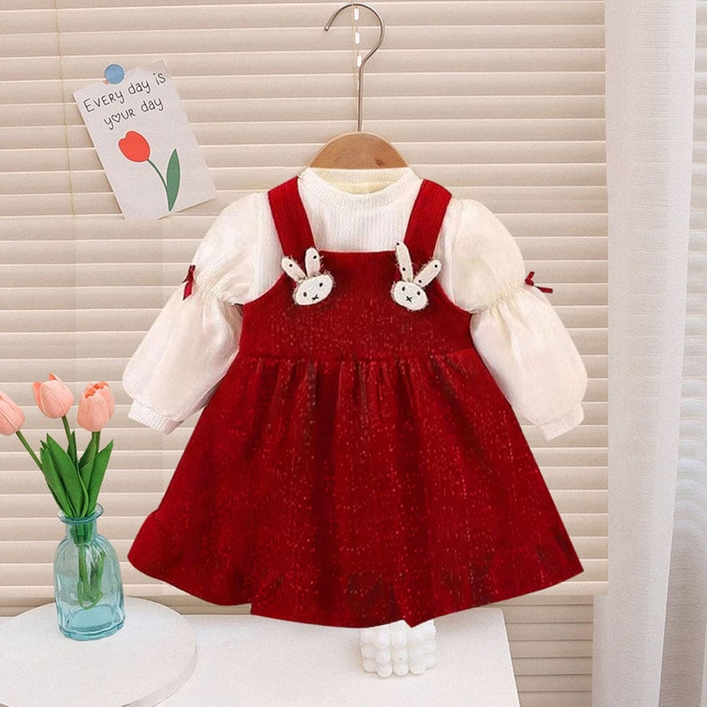 Girls Maroon Winterwear Puff Sleeves Fit & Flare Dress Casual Dresses Maroon 1-2 Y