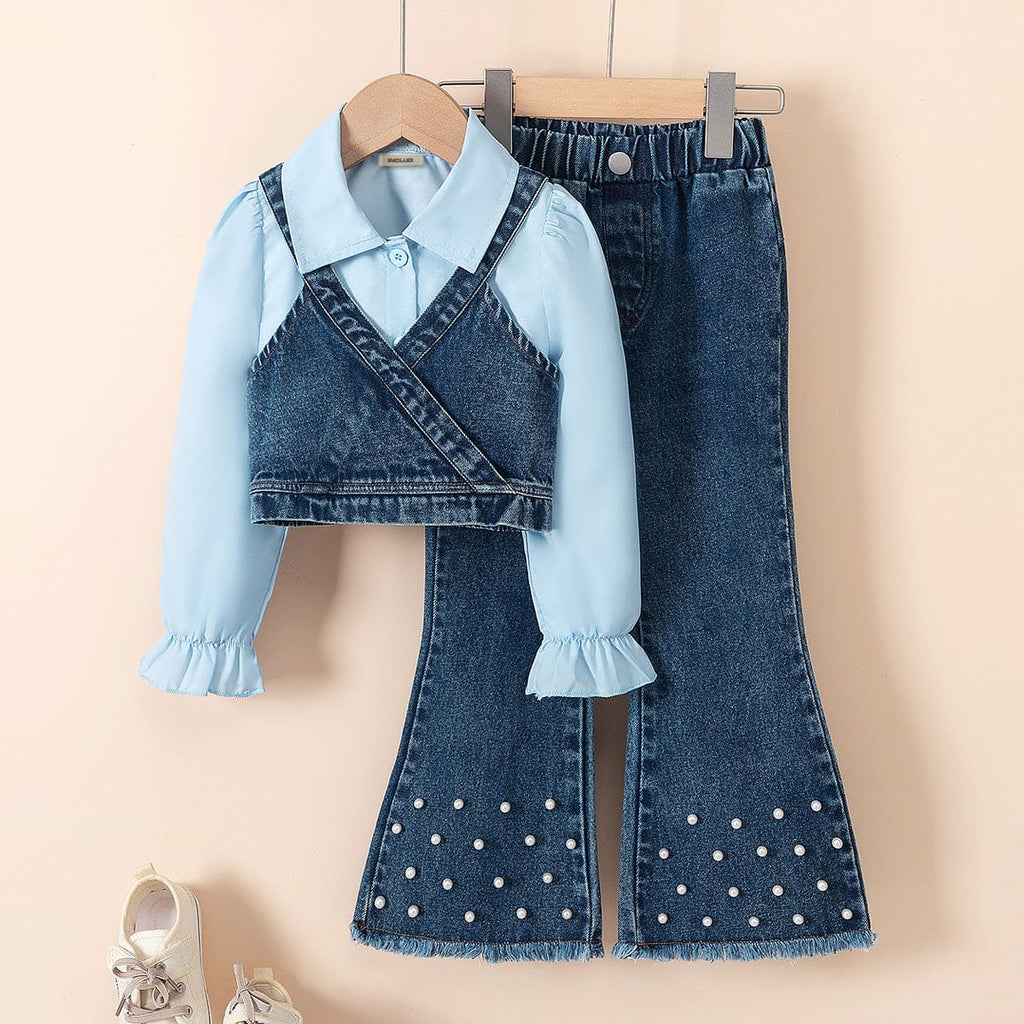 Girls Blue Long Sleeve Shirt With Denim Top And Pants Set Sets Blue 4-5 Y 