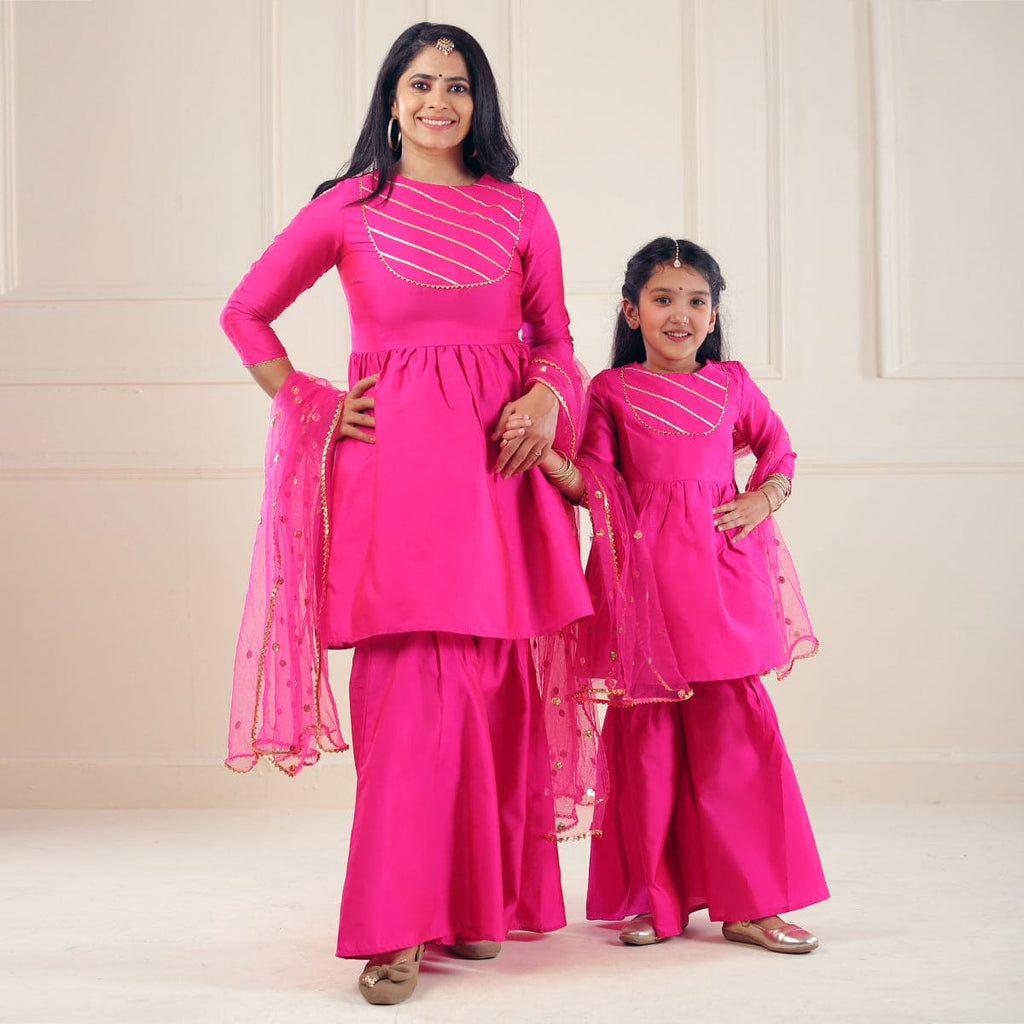 Pink Mom & Daughter Kurta-Sharara with Dupatta Set Mom & Daughter Magenta S 1-2 Y