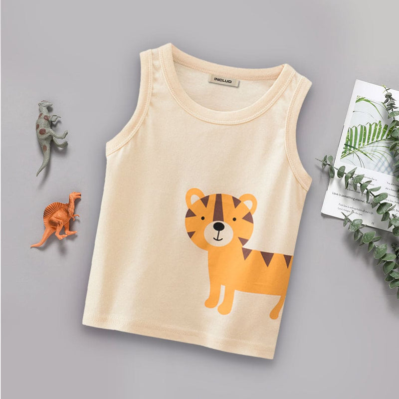 Boys Beige Printed Sleeveless Tank Vests Vests   