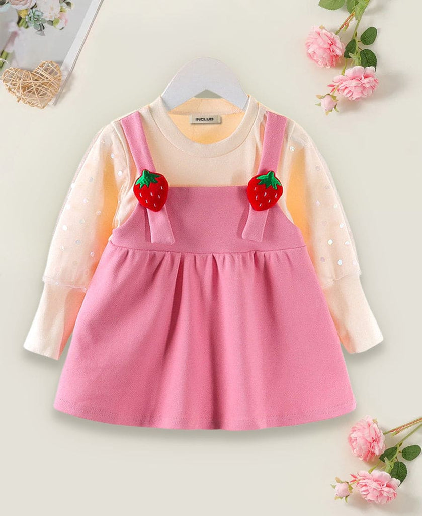 Girls Solid Dress with Strawberry Applique