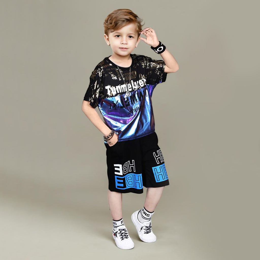 Boys Blue Metallic T-shirt with Printed Shorts Set Sets