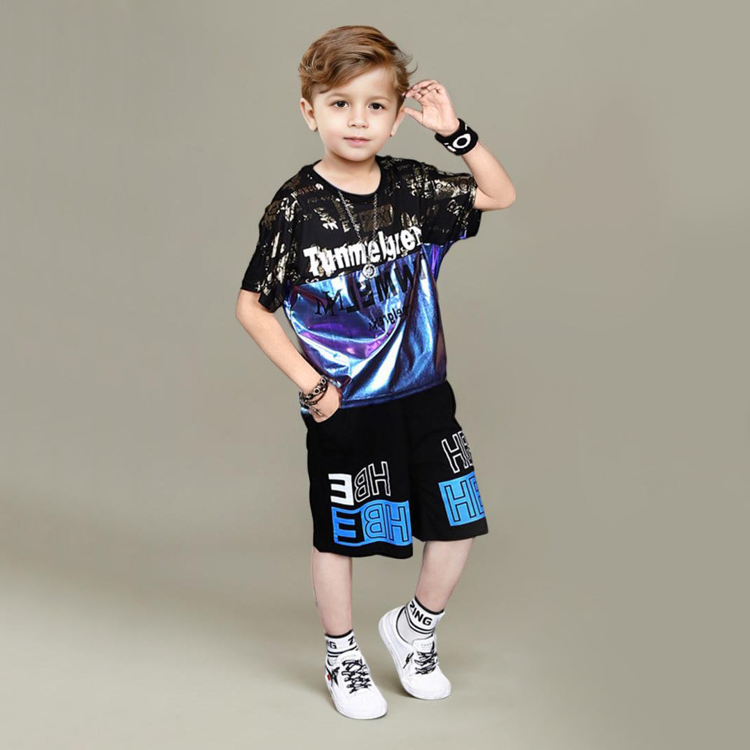 Boys Blue Metallic T-shirt with Printed Shorts Set Sets