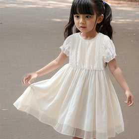 Girls White Round Neck Self Design Puff Sleeves Dresses Casual Dresses   