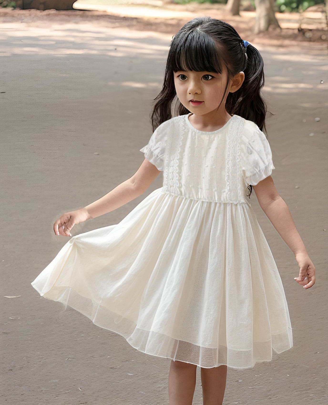 Girls White Round Neck Self Design Puff Sleeves Dresses Casual Dresses   