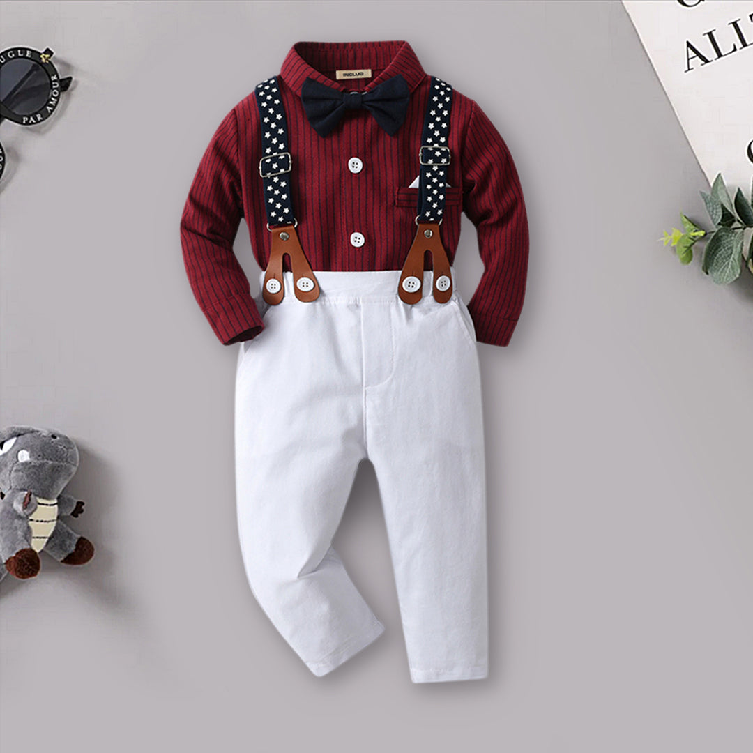 Boys Striped Shirt with Suspender Trousers Set 2 pc. Sets Maroon 1-2 Y 