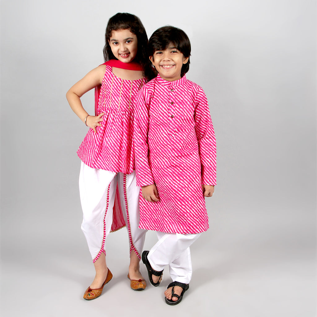 Fuchsia Leheriya Kurta-Pyjama with Kurta-Dhoti Sibling Set