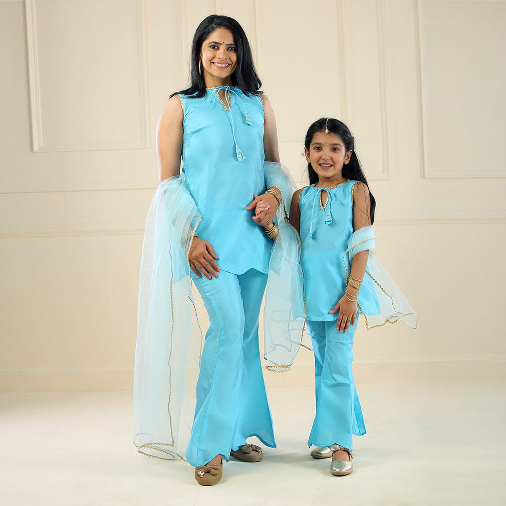 Sky Blue Mom & Daughter Kurta with Flared Pants with Dupatta Set Mom & Daughter Sky Blue S 1-2 Y