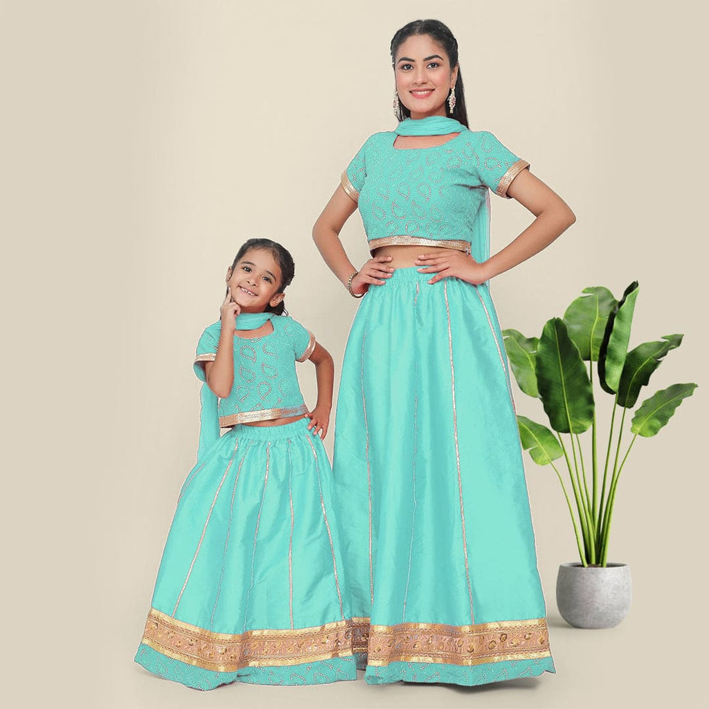 Sky Blue Gota Lehenga-Choli Mom & Daughter Set Mom & Daughter Sky Blue S 1-2 Y