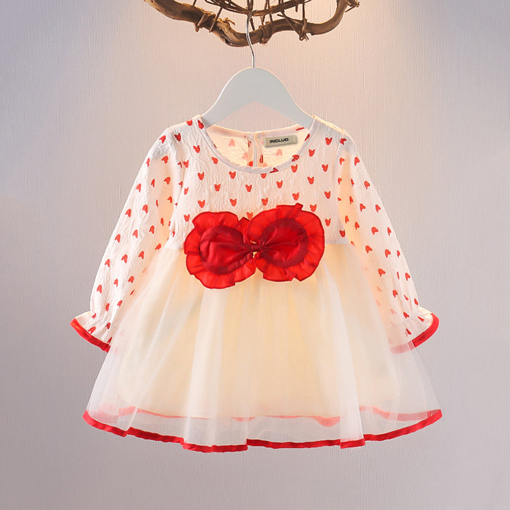 Girls Heart Print Dress with Flower Applique