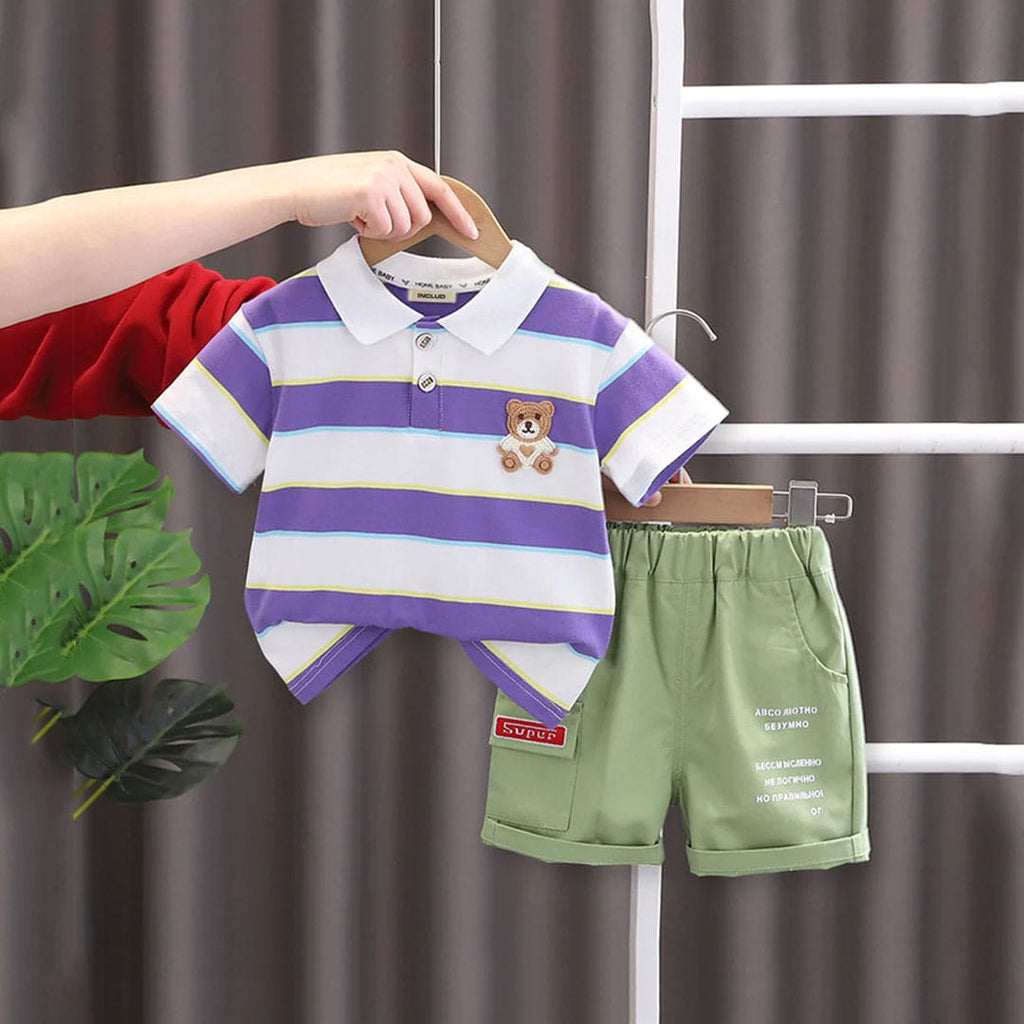 Boys Striped Polo Neck T-shirt with Shorts Set