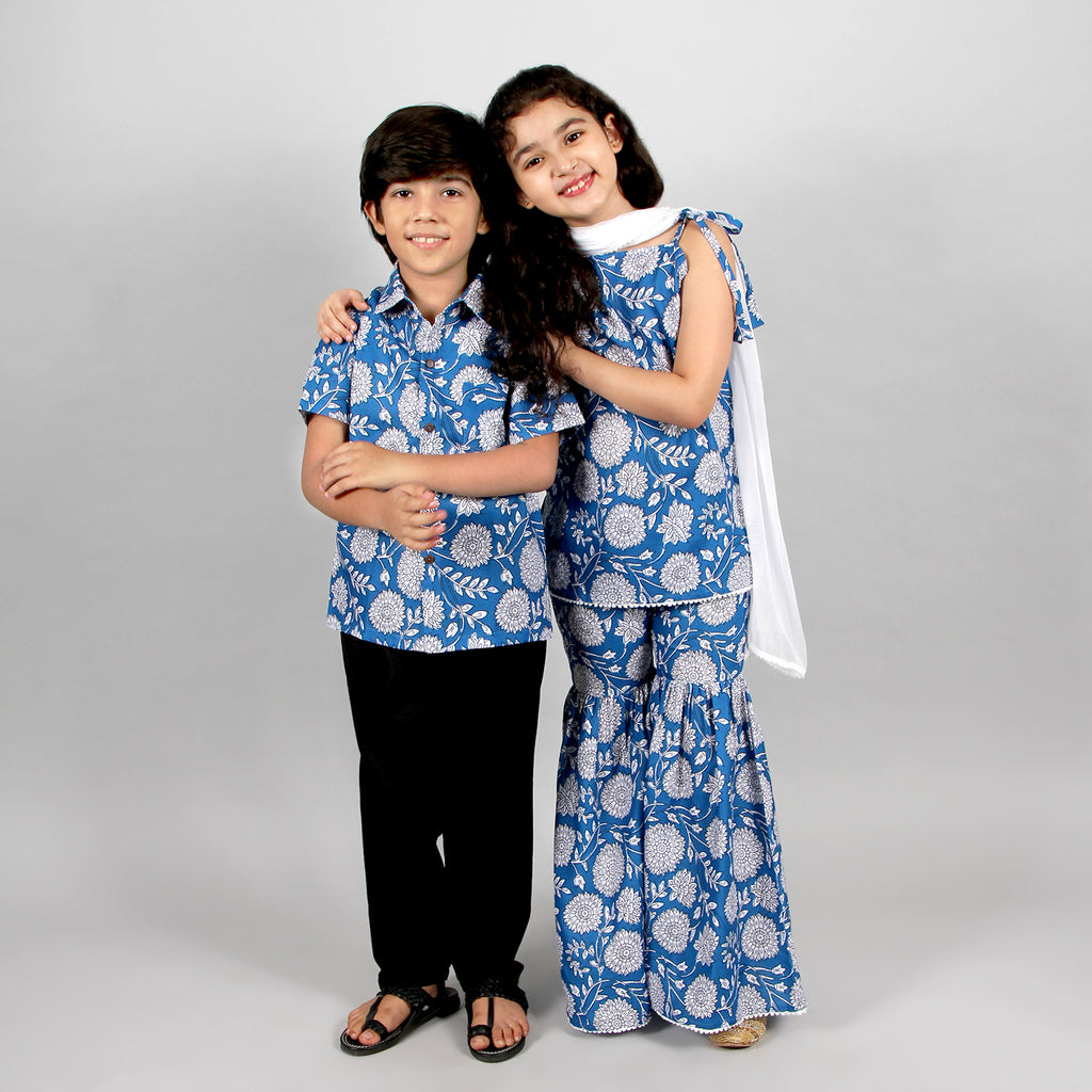 Blue Floral Print Shirt with Kurta-Sharara Sibling Set Siblings Set Blue 3-4 Y 3-4 Y