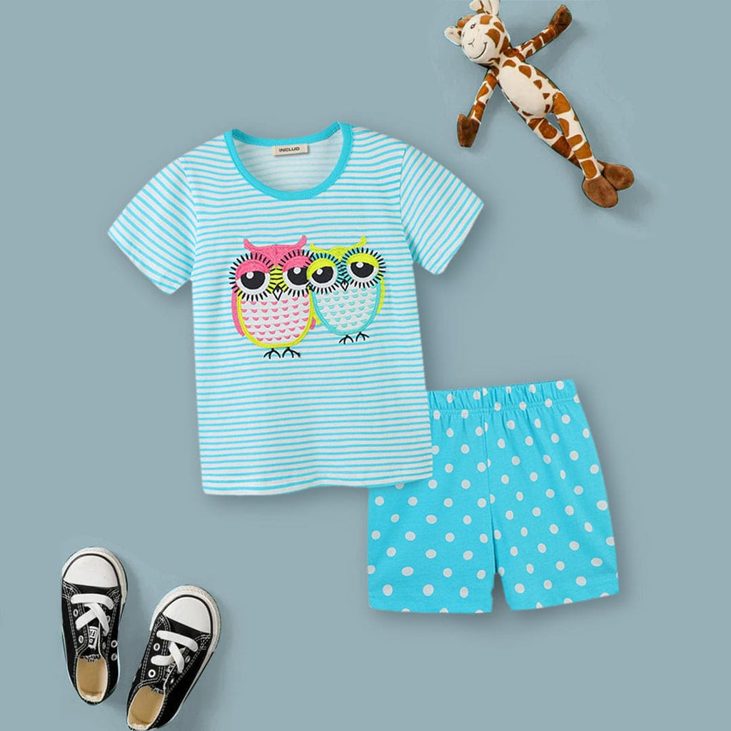 Girls Owl Print T-shirt & Polka Dot Shorts Set