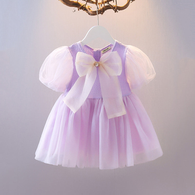 Girls Dress with Puffed Sleeves and Bow Casual Dresses   