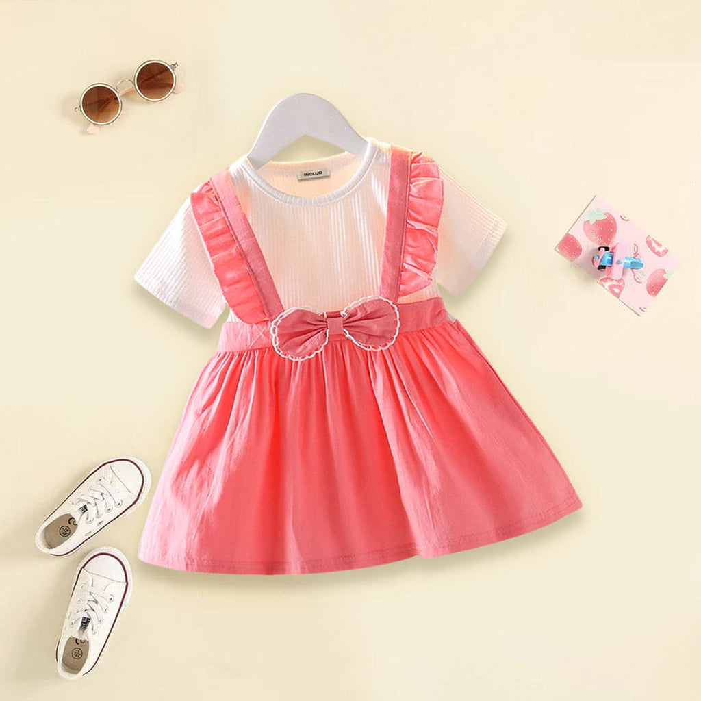 Girls Faux Strap Dress with Bow Casual Dresses Pink 1-2 Y 