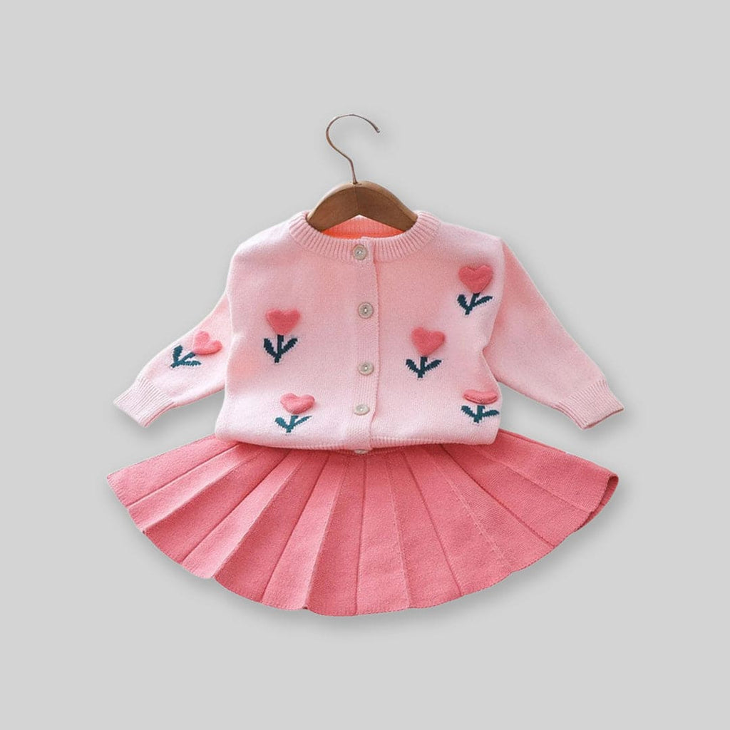 Girls Embroidered Cardigan with Pleated Skirt Set
