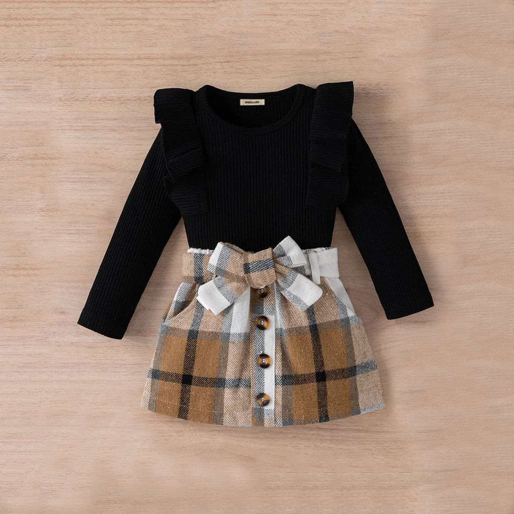 Girls Full Sleeves Top with Flannel Skirt Set