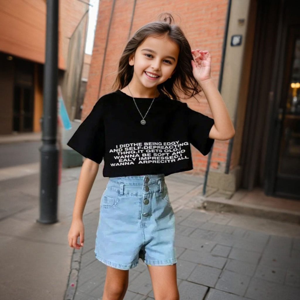 Girls Black Cropped Top & Double Waistband Short set Sets Black 4-5 Y