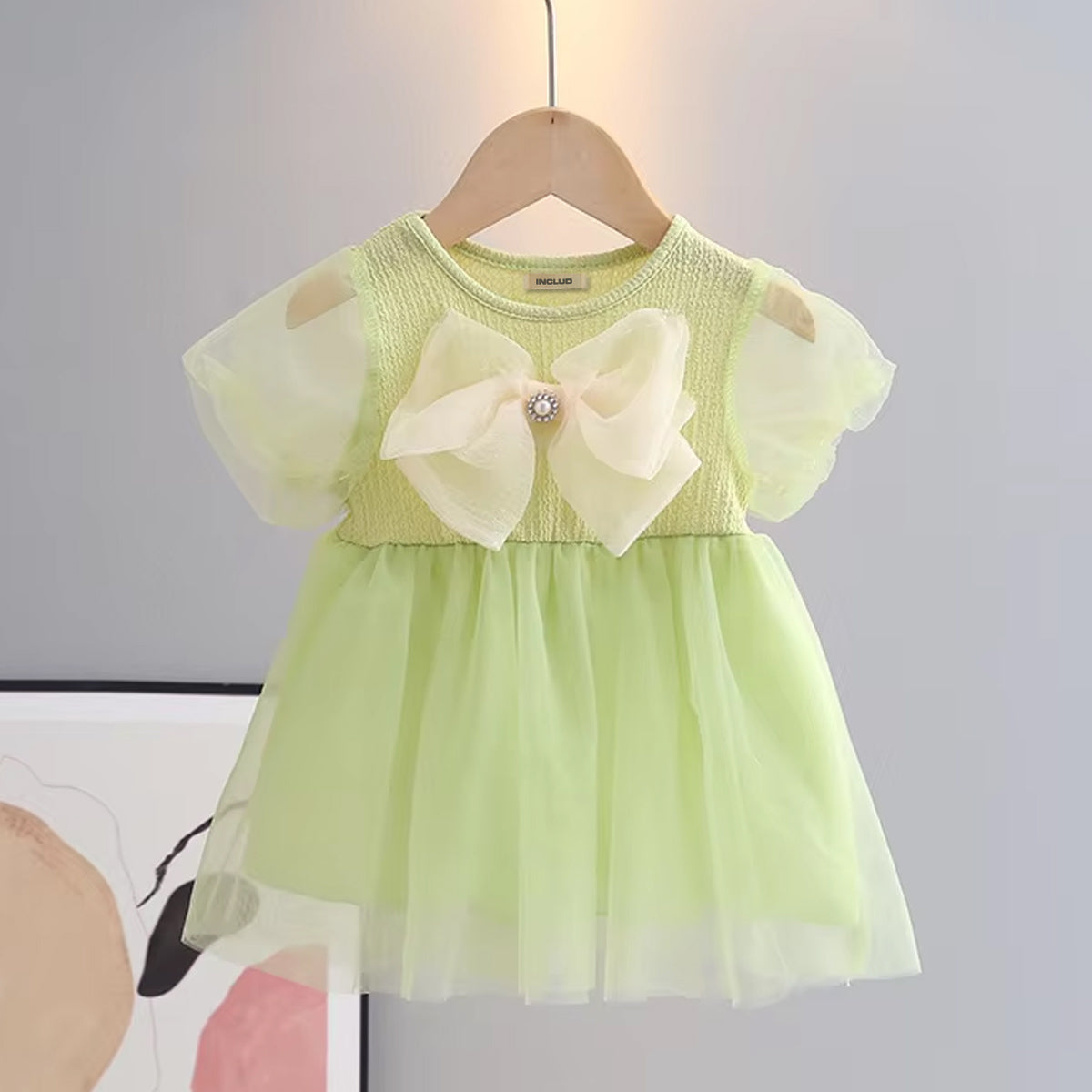 Girls Green Puff Sleeves Casual Dress with Statement Bow Casual Dresses Green 12 -18 M
