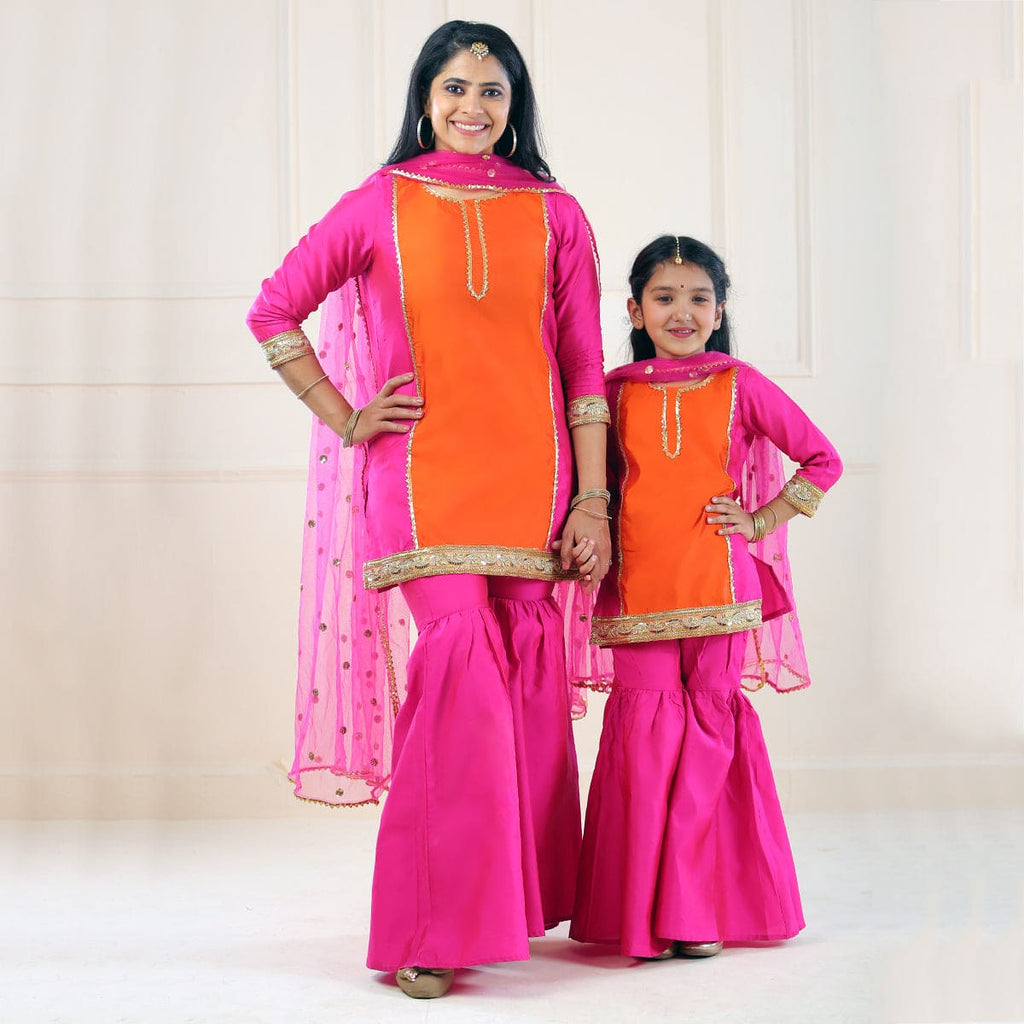 Orange & Pink Mom & Daughter Kurta-Sharara with Dupatta Set Mom & Daughter Pink S 1-2 Y