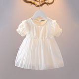Girls White Round Neck Self Design Puff Sleeves Dresses