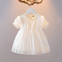 Girls White Round Neck Self Design Puff Sleeves Dresses Casual Dresses White 1-2 Y 
