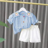 Girls Light Blue Collar Embroidery Top With Lace Bottom Shorts