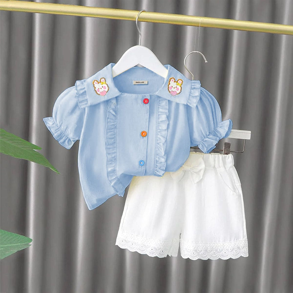 Girls Light Blue Collar Embroidery Top With Lace Bottom Shorts Sets Light Blue 1-2 Y 