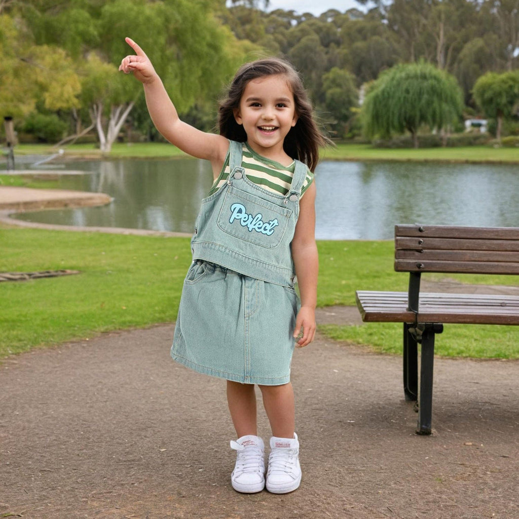 Girls Sleeveless Denim Top With Stripes Inner Top & Denim Skirt Sets Green 1-2 Y 