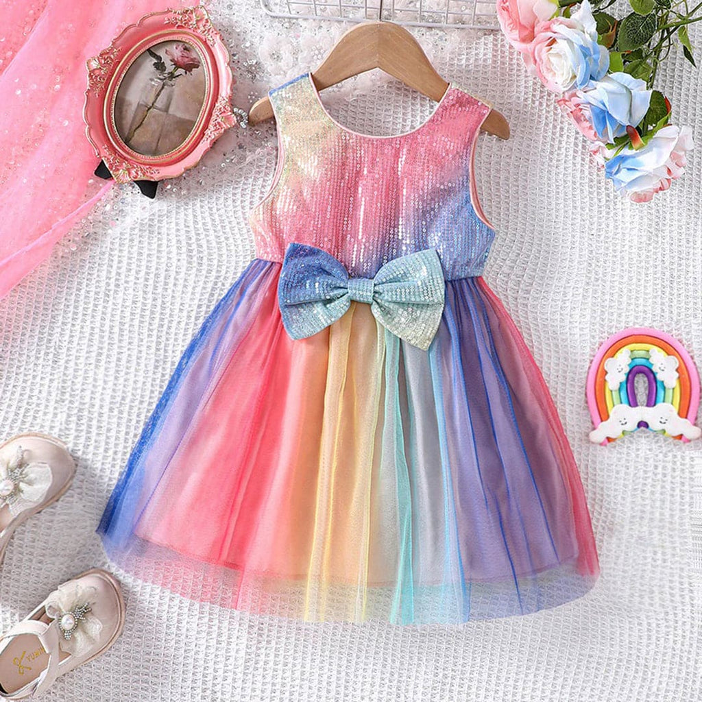 Girls Sequins Multicolored Tulle Overlay Party Dress