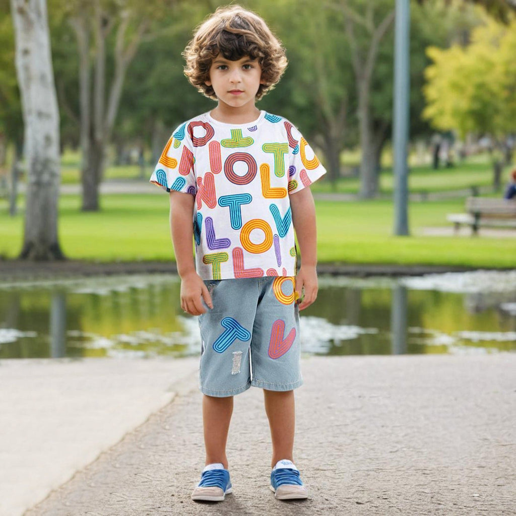 Boys White Typography print T-shirt with Denim Shorts Sets White 1-2 Y 