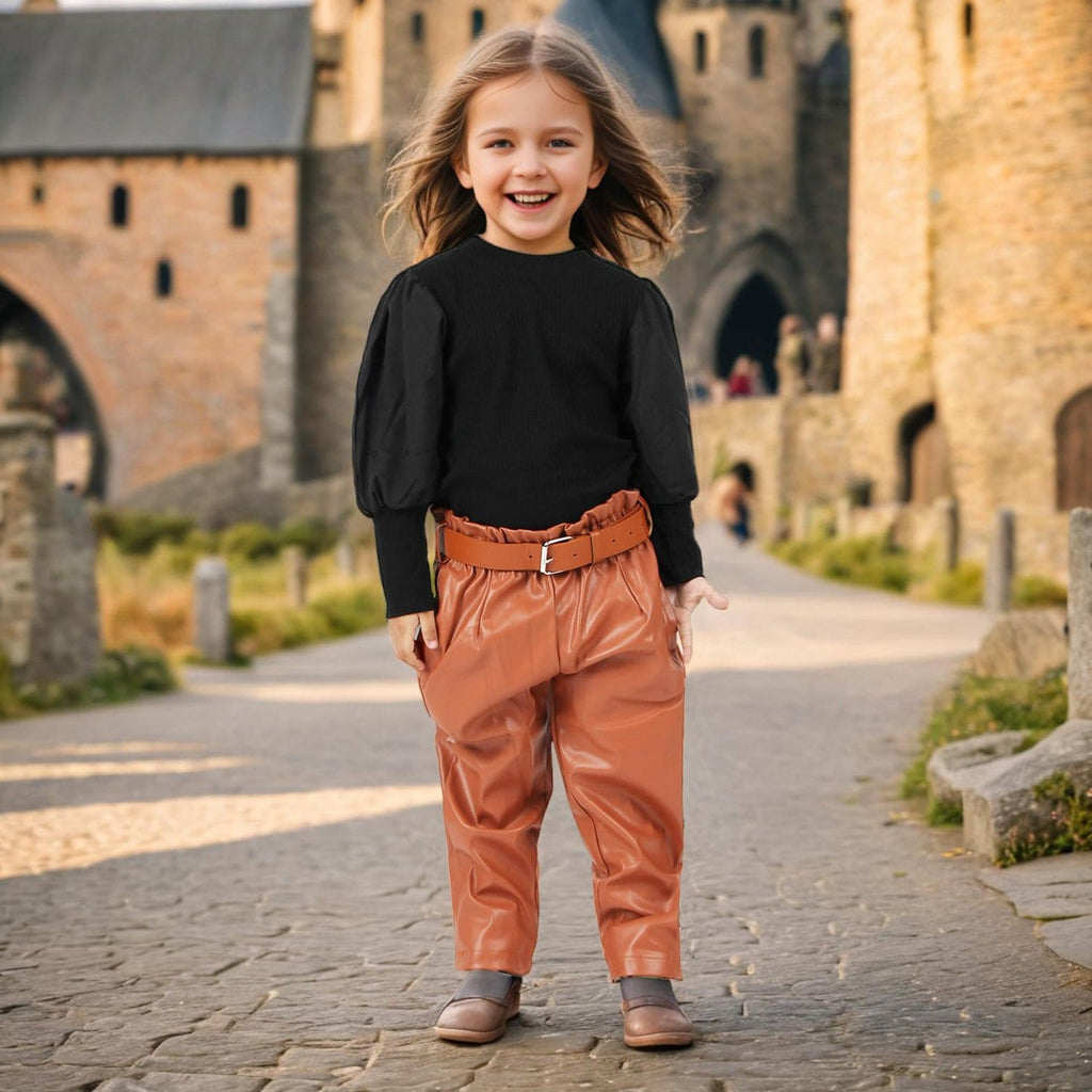 Girls Black Full Sleeves Top with Faux Leather Trousers Set INCLUD