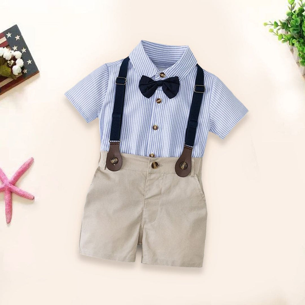Boys Striped Shirt with Shorts & Suspenders Set