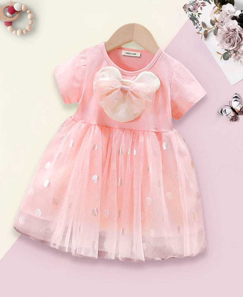 Girls Tulle Overlay Dress with Bow Applique