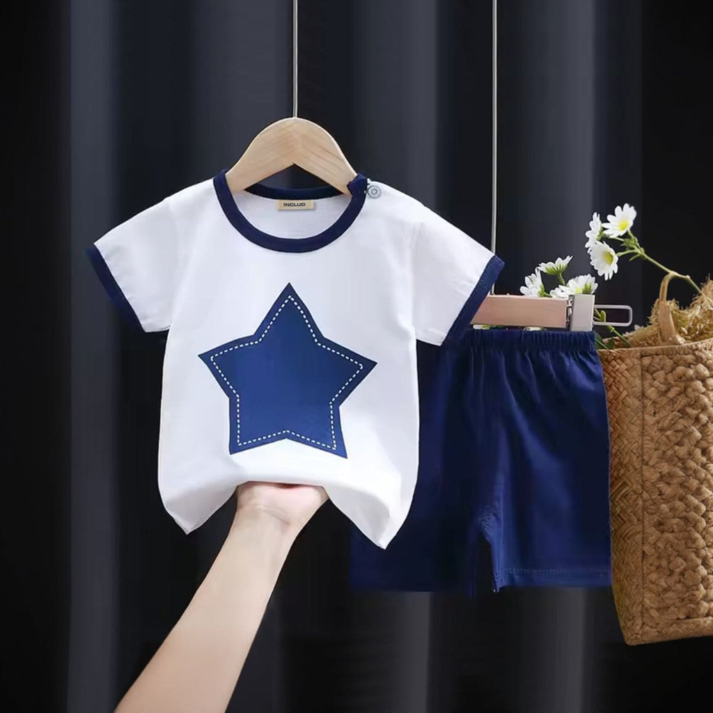 Boys White Knitted Star Embroidered T-Shirt With Shorts Sets Sets White 80cm