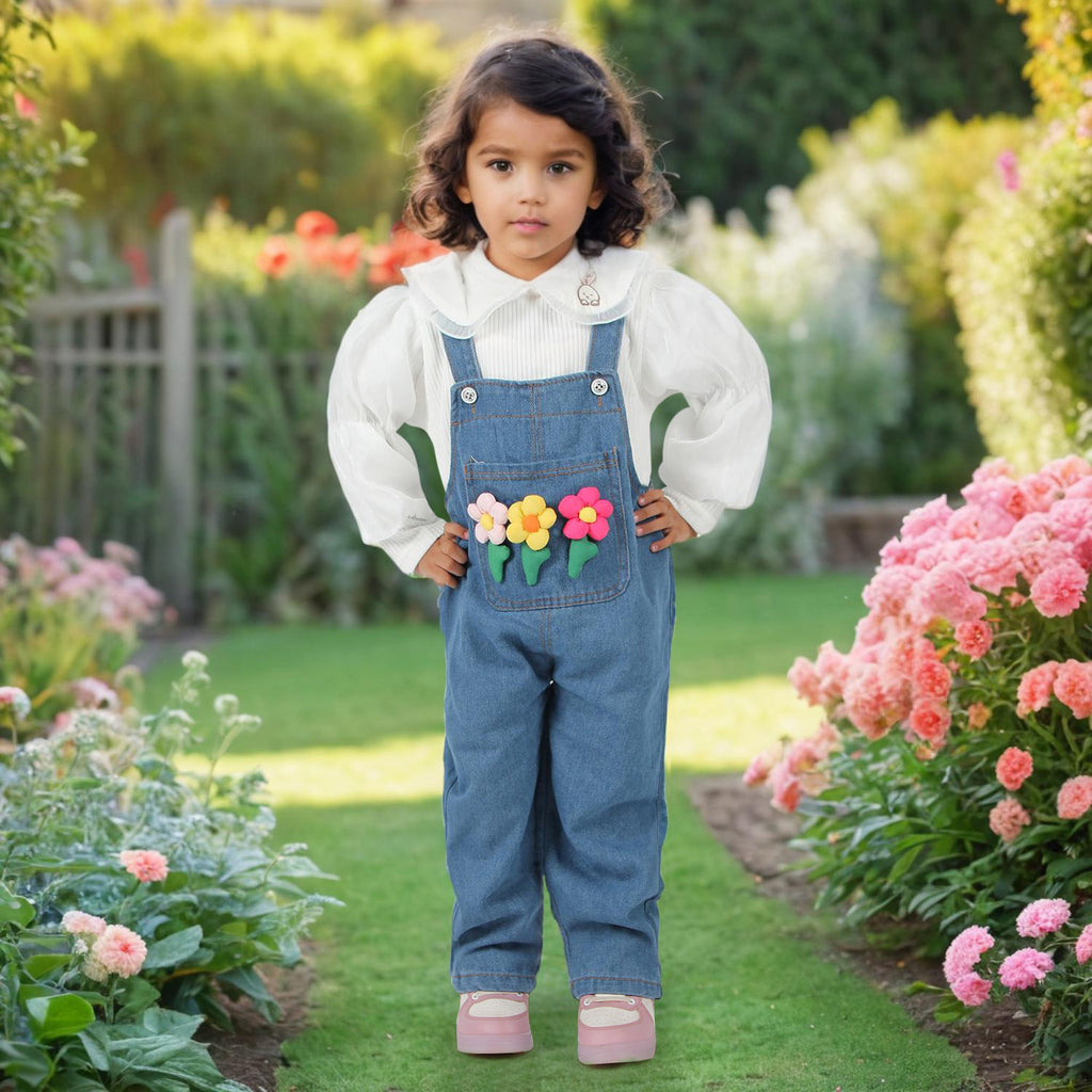 Girls Full Sleeves Top with Denim Dungaree Set Sets White 1-2 Y 