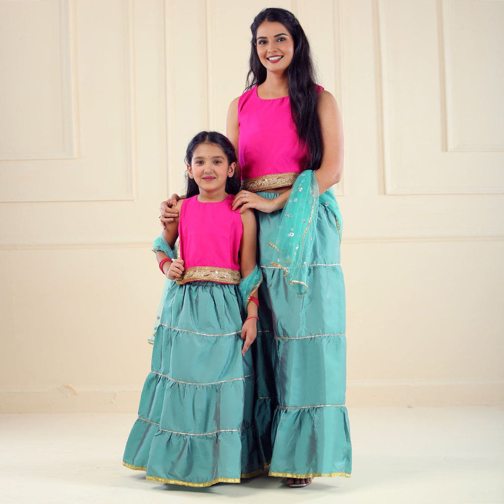 Teal Pink Tiered Mom & Daughter Lehenga Choli Set Mom & Daughter Teal S 1-2 Y