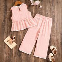 Girls Light Pink Sleeveless Peplum Top With Elasticated Pants Sets 2 pc. Sets