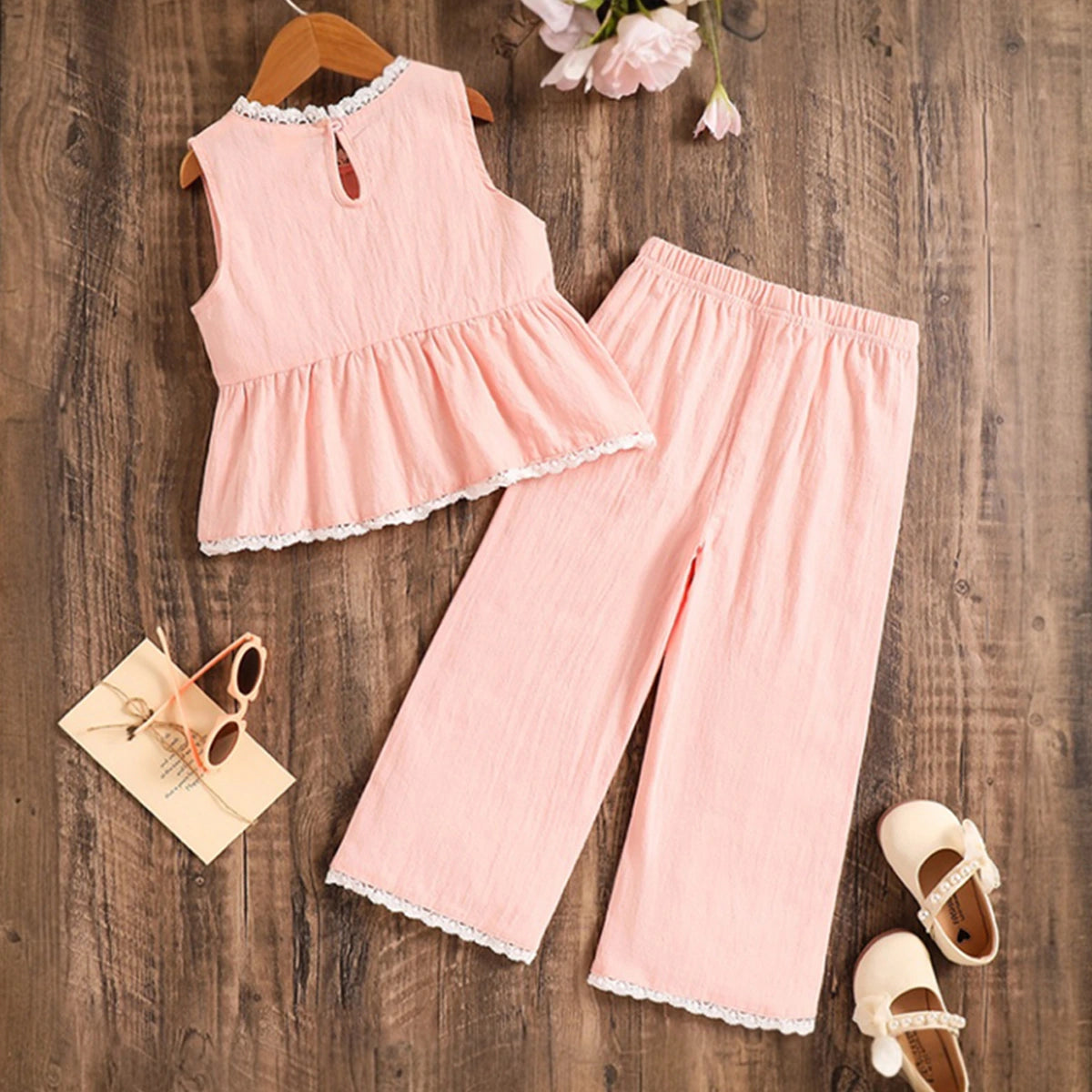 Girls Light Pink Sleeveless Peplum Top With Elasticated Pants Sets 2 pc. Sets