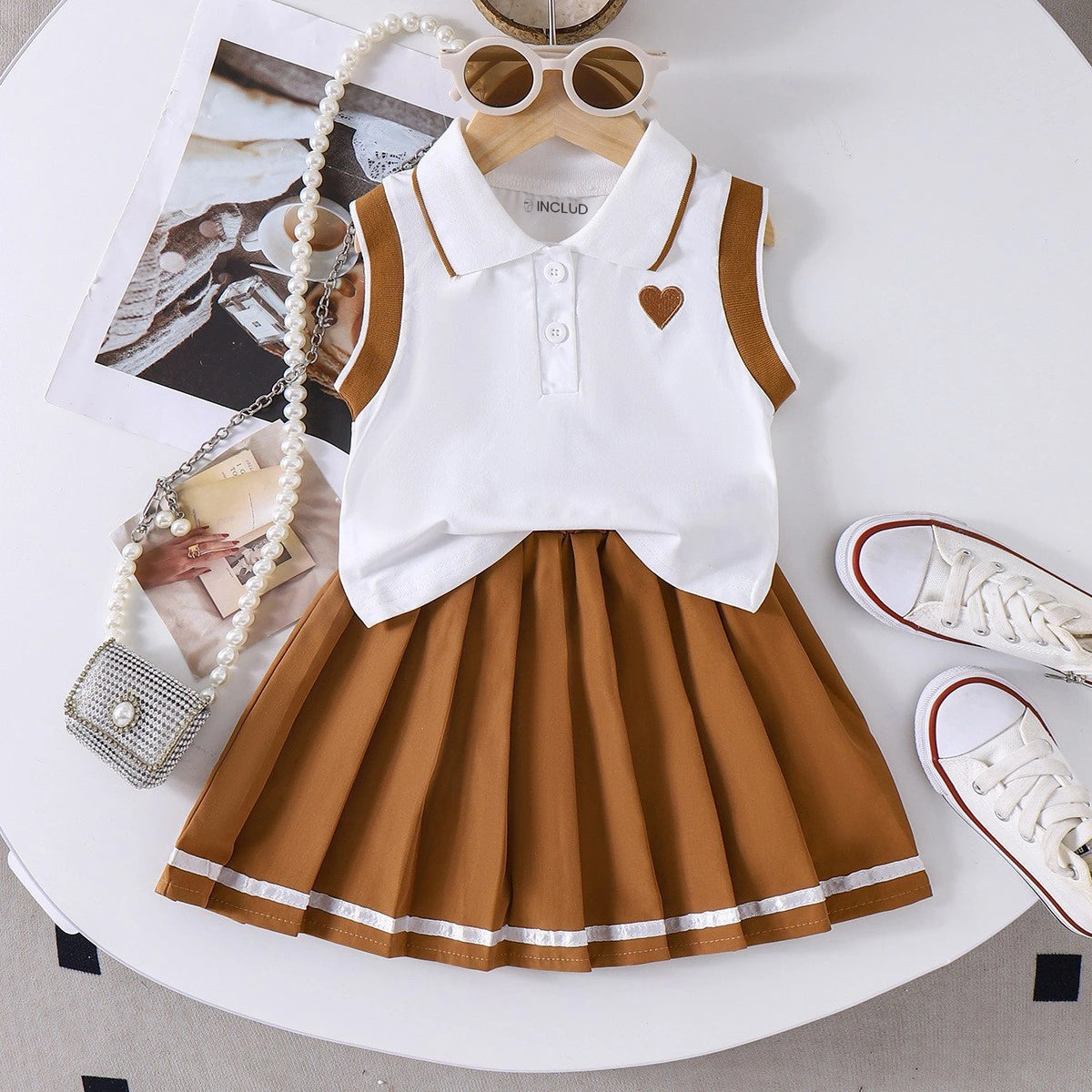 Girls Heart Embroidered Polo Top With Brown Pleated Skirt Sets 2 pc. Sets Brown 2-3 Y
