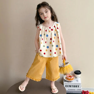Girls Yellow Polka Dot Printed Top With Elasticated Pants Set Sets Yellow 1-2 Y