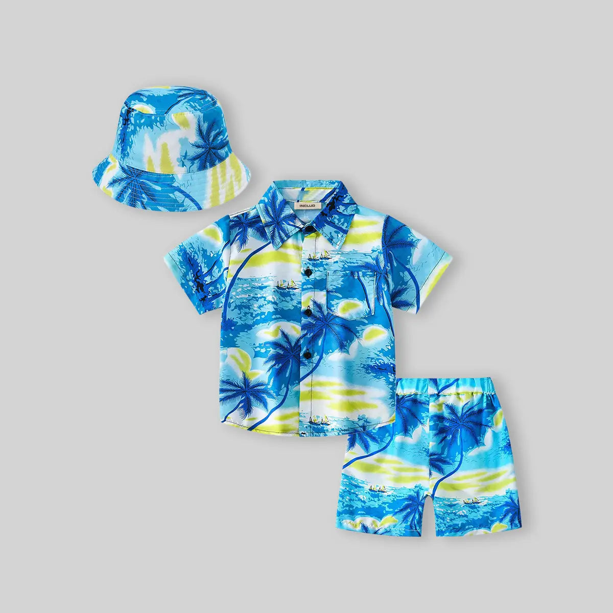 Boys Light Blue Tropical Print Button-Down Shirt With Shorts & Hat Co-ord Sets Sets
