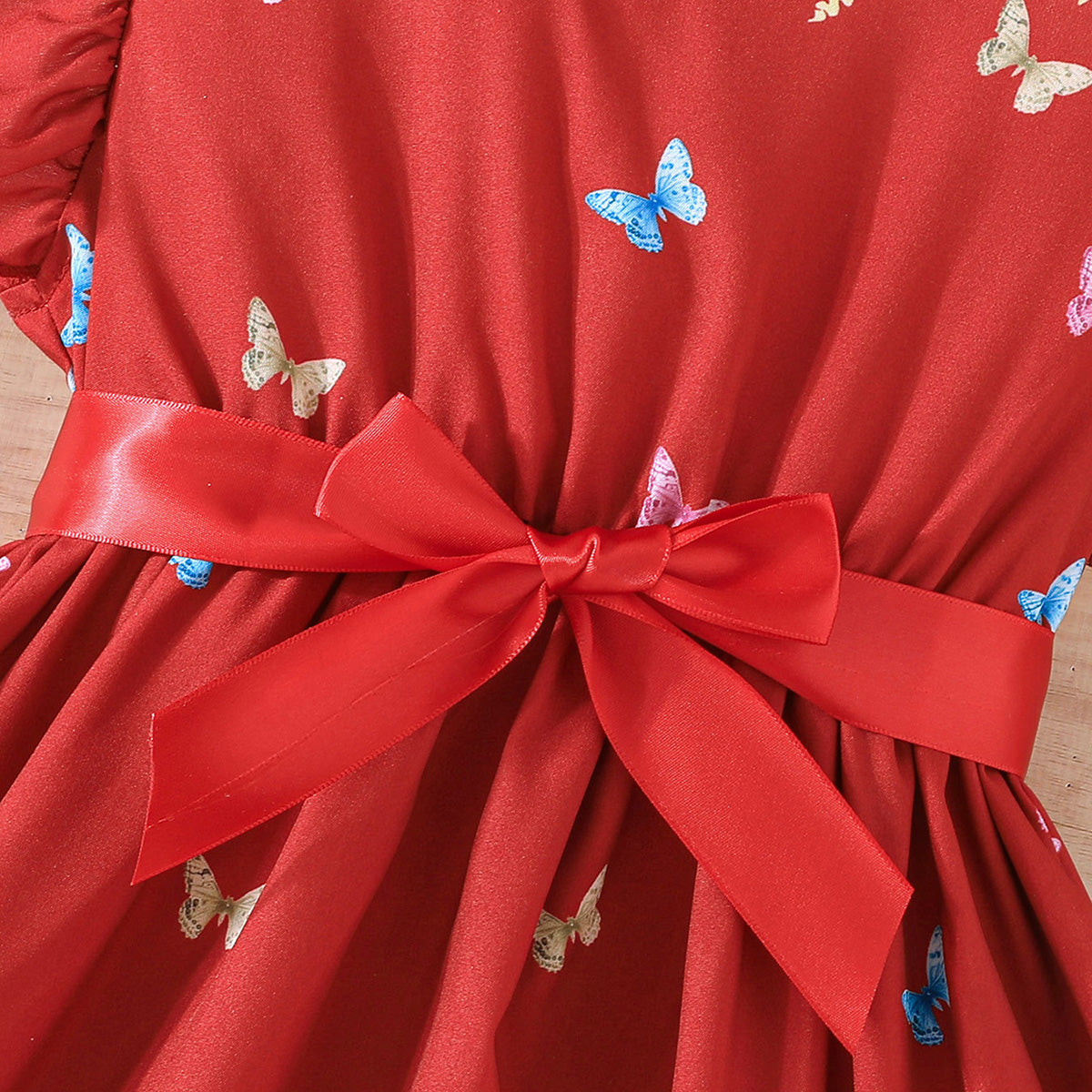 Girls Red Butterfly Printed Flutter Sleeves Dress Casual Dresses