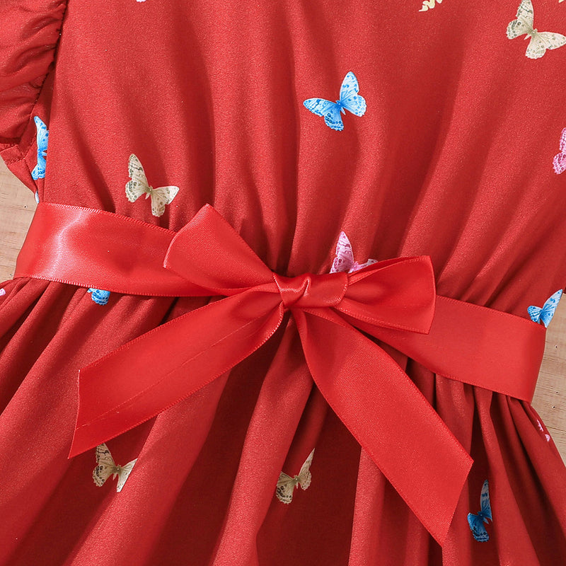 Girls Red Butterfly Printed Flutter Sleeves Dress Casual Dresses