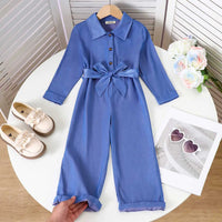 Girls Blue Solid Long Sleeves Overall Jumpsuit Jumpsuits Blue 3-4 Y