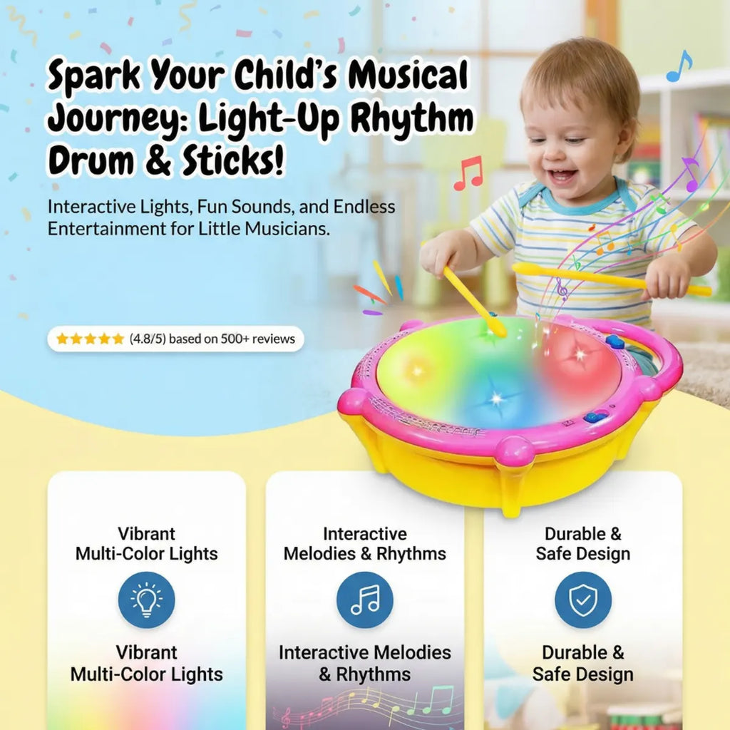 Kids Yellow Flash Drum Toy with LED Lights & Music Sticks Trending Accessories