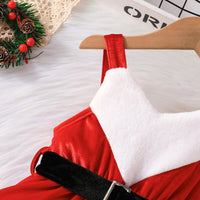 Girls Red Velveteen Sleeveless Christmas Santa Dress with Cap & Belt Party Dresses