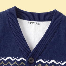 Girls Navy Blue Self-Design Argyle Pattern Button-up Cardigan Sweaters & Cardigans