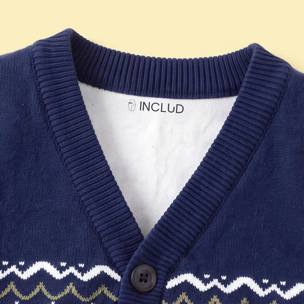 Girls Navy Blue Self-Design Argyle Pattern Button-up Cardigan Sweaters & Cardigans