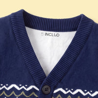 Girls Navy Blue Self-Design Argyle Pattern Button-up Cardigan Sweaters & Cardigans